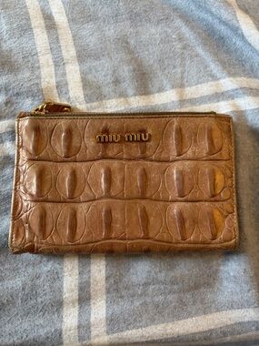 Miu Miu Tan Croc-Embossed Leather Zip Card Wallet Authentic